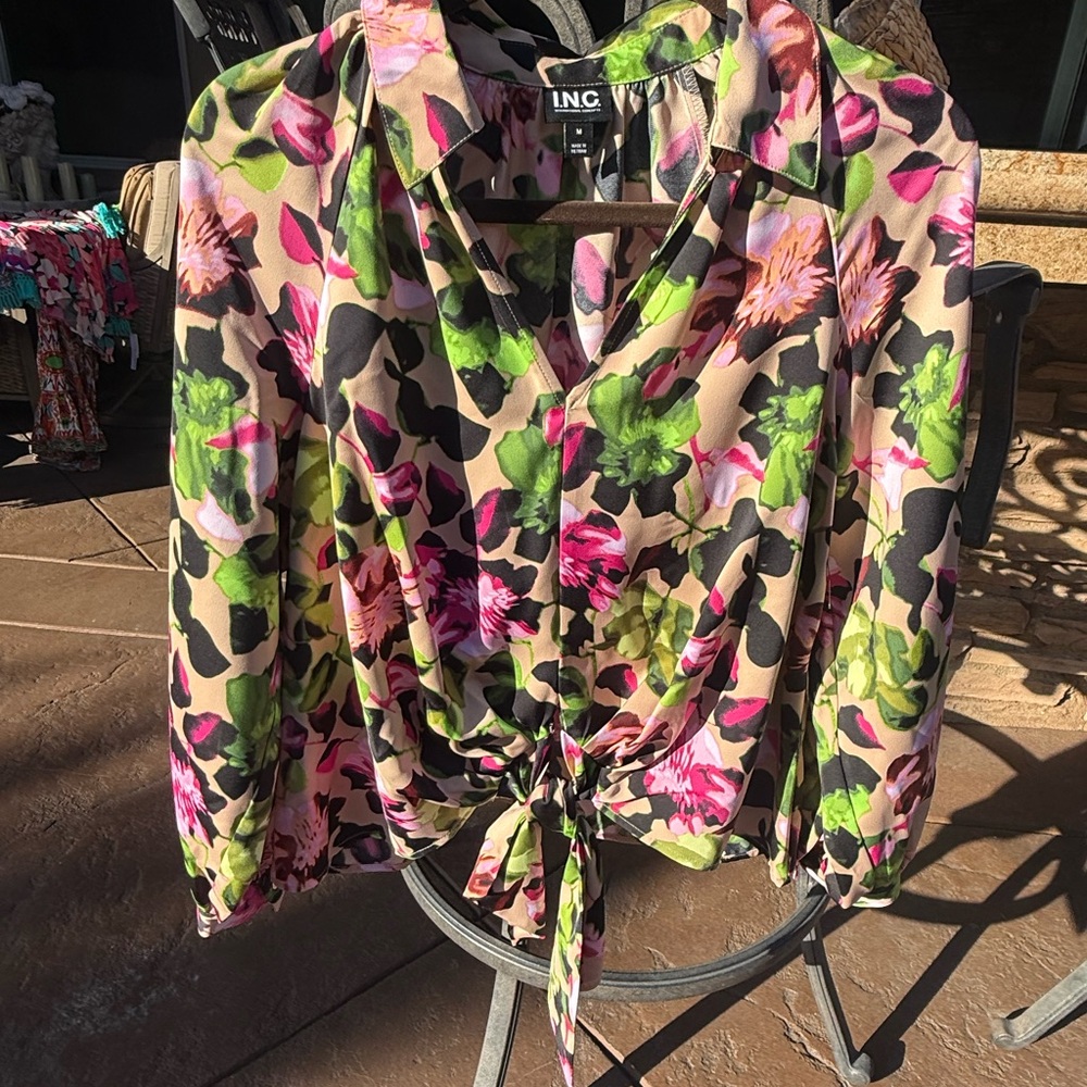 NWOT INC International Concepts Women's Floral Tie-Front Blouse - Pink and Green